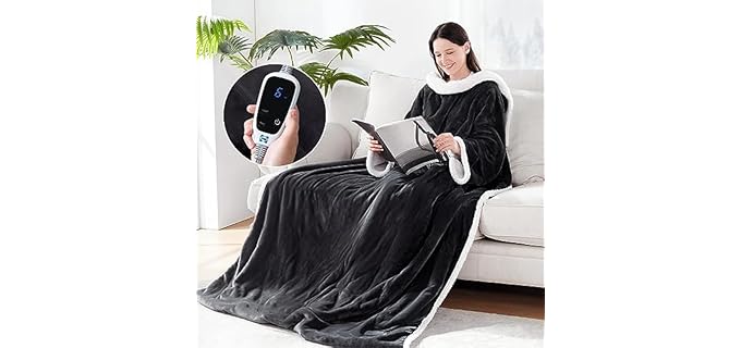 Sealy Flannel & Sherpa - Wearable Heated Blanket with Sleeves & Foot Pocket