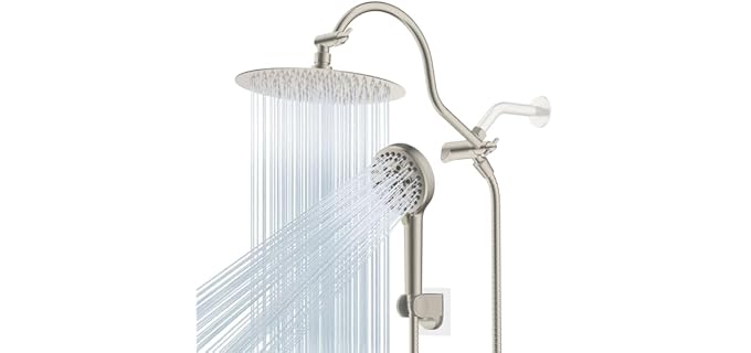 Hibbent All Metal cUPC Certified Shower Head, 10'' Rainfall Shower Head | High Pressure Dual Showerhead Combo with Handheld 10-Spray, 12'' Adjustable Extension Arm, 71'' Hose & Holder, Brushed Nickel
