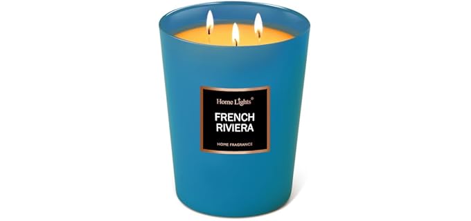 HomeLights Scented Candles | Large Jar Candle - 33.3 Oz. Natural Soy Aromatherapy Candles | Up to 130 Hours Burn Time with 3 Cotton Wicks,Home Decorative Fragrance Candles Gift - French Riviera