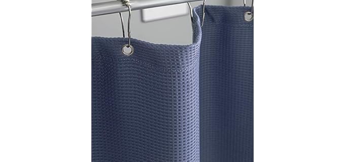 Whale Flotilla Luxury Hotel Collection Waffle Weave Tempset Blue Shower Curtain Set, 230GSM Heavy Duty Fabric Shower Curtain with 12 Metal Roller Hooks, Waterproof and Machine Washable- 72